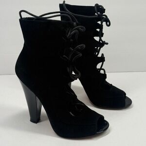 Bebe Black Suede Lace Up Peep Toe High Heel Ankle Booties Leather Sole Sz 6